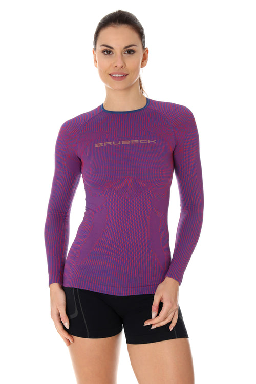Woman modeling 3D run pro purple long-sleeve. With a sleek fit for optimal performance without slowing you down. 