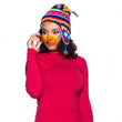 Load image into Gallery viewer, Women modelling EXTREME WOOL high-collared long-sleeve shirt and matching EXTREME WOOL raspberry leggings. Wearing a winter toque, and trendy yellow sunglasses.