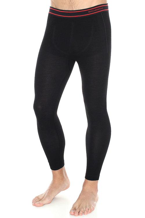 Men's ACTIVE WOOL full-length fitted pants. Pictured in the colour black with red trim around the waist