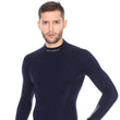 Load image into Gallery viewer, Men&#39;s EXTREME WOOL deep navy blue long-sleeve shirt. The fitted base layer features a white BRUBECK logo on the collar, and on the left forearm