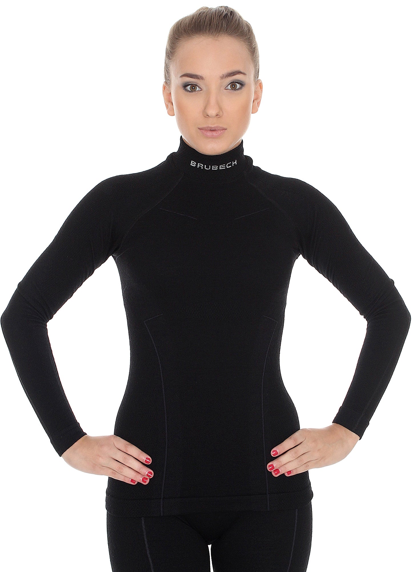 Solid Black women's EXTREME WOOL high-neck long-sleeve. Pictured from the front with matching EXTREME WOOL leggings