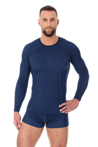 Men's ACTIVE WOOL long sleeve top. Pictured in a rich and bold navy blue and paired with matching briefs
