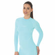 Load image into Gallery viewer, Women&#39;s THERMO long sleeve in light blue. A pale, icy blue in a matching set, with the COOLER leggings