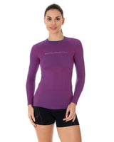 Woman modeling 3D run pro purple long-sleeve. With a sleek fit for optimal performance without slowing you down. 