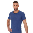 Load image into Gallery viewer, Men&#39;s 3D RUN PRO short-sleeve top. A fitted blue top with black trim around the neck, and a green logo on the chest 