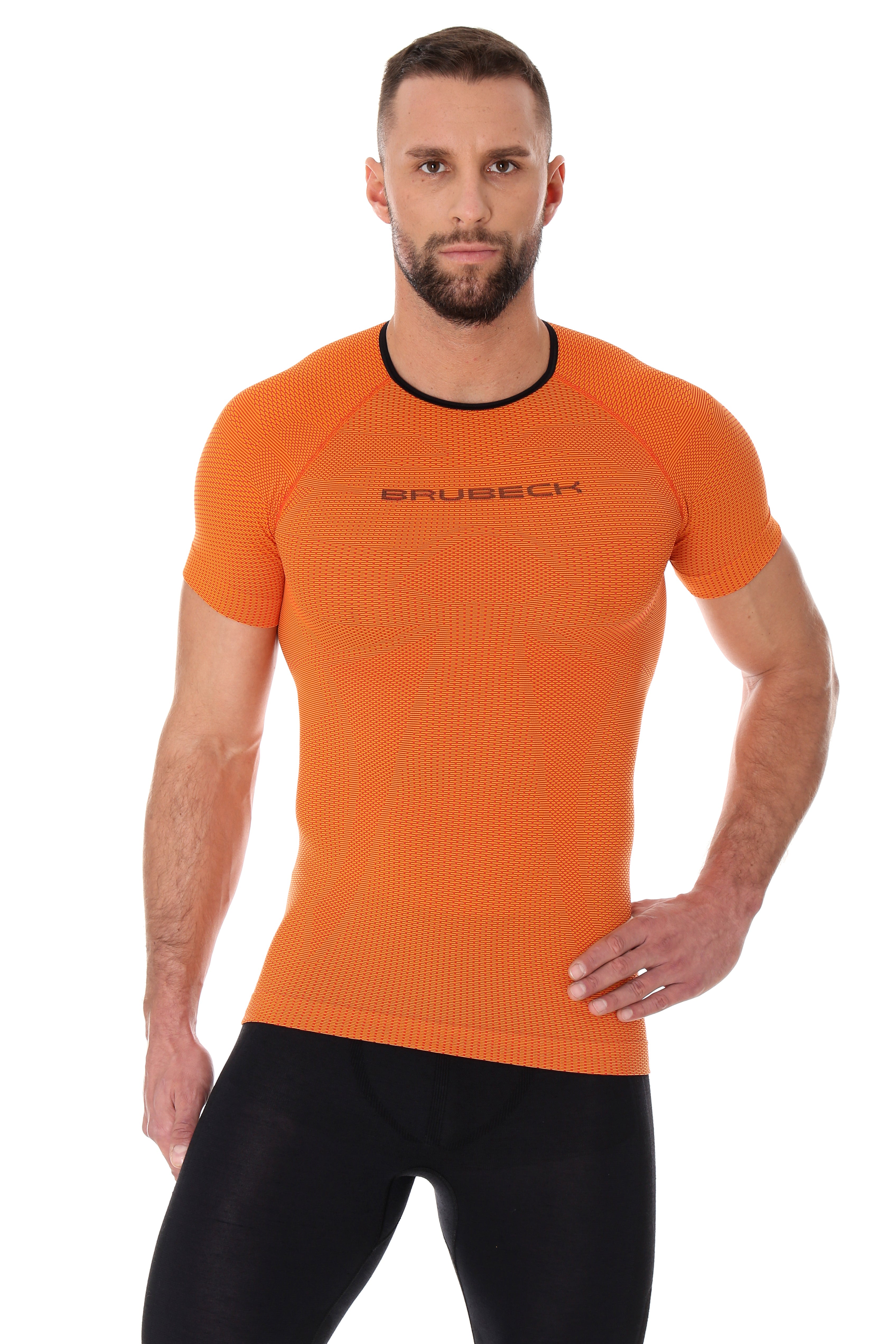 Men's Short sleeve 3D RUN PRO orange top with black trim around the neck The fitted top has 3D honeycomb mesh for added moisture absorption & breathability