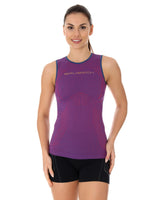 Woman modeling 3D run pro purple tank-top. Athletic fit, comfort material, and SPF protection built right in. 