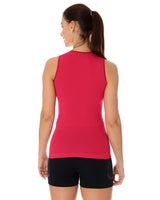 Women's eco-dyed raspberry coloured 3D pro tank top fron behind. The seamless comfort fit is fitted to your body to provide moisture & temperature regulating properties. 