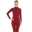 Load image into Gallery viewer, Women&#39;s EXTREME WOOL monochromatic red leggings and matching long-sleeve set. With lighter red shape enhancing lines flowing down the sides of the garments. 