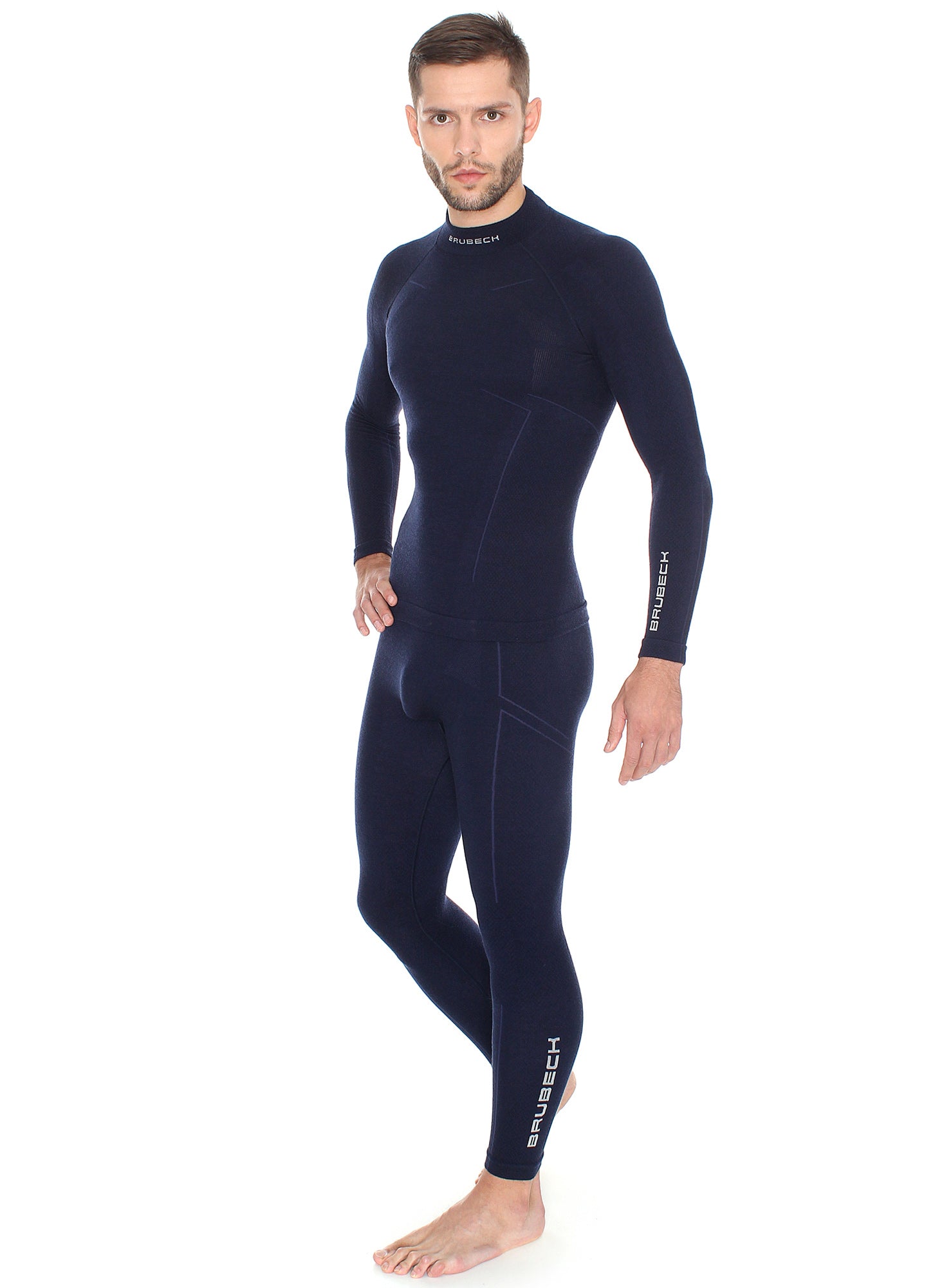 Men's EXTREME WOOL navy blue long-sleeve shirt paired with matching fitted athletic  tights for immense moisture wicking and temperature controlled bliss