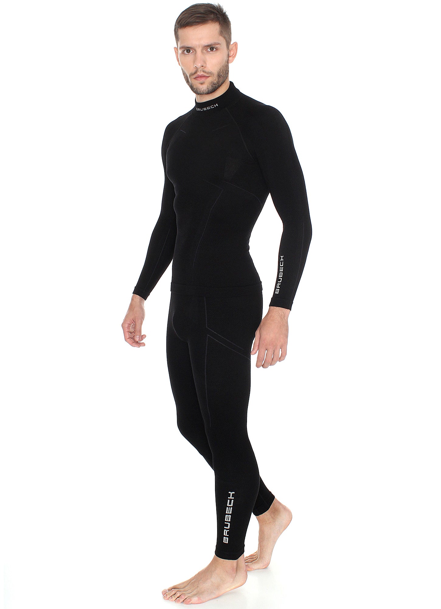 Men's EXTREME WOOL full-length black fitted pants. Featuring a white BRUBECK logo on the left hip, and left calf